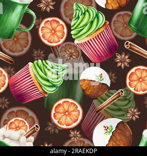 Motivo natalizio acquerello senza cuciture con tazza di bevanda calda, biscotti al pan di zenzero, cannella, anice e muffin dolci con panna. Pittura a mano di Capodanno g Foto Stock