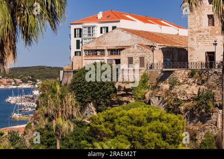 Vista dal punto panoramico Mirador del Pont des Castell sulle palme e la città vecchia di Mahon, l'isola di Minorca, le Isole Baleari, la Spagna Foto Stock