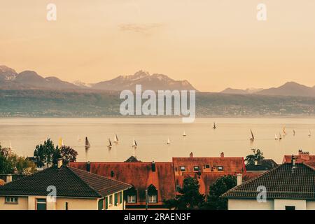 Lago di Ginevra con molte barche a vela al tramonto. Immagine scattata a Losanna, Svizzera, vista dall'alto Foto Stock