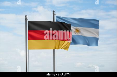 Bandiera dell'Argentina e bandiera della Germania che sventolano insieme sul cielo blu, concetto di cooperazione tra due paesi Foto Stock