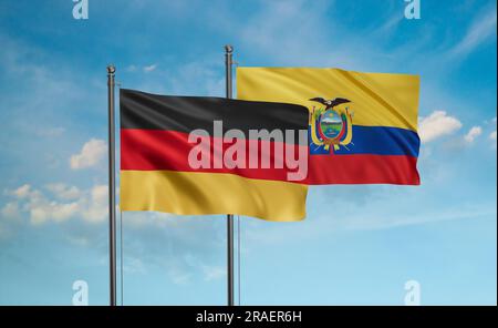 Bandiera dell'Ecuador e bandiera della Germania che sventolano insieme sul cielo blu, concetto di cooperazione tra due paesi Foto Stock