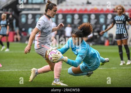 Harrison, Stati Uniti. 2 luglio 2023. Harrison, New Jersey, 2 luglio 2023: Abby Smith (4 Gotham FC) salva un tiro in porta durante la partita della National Womens Soccer League tra Gotham FC e Angel City FC alla Red Bull Arena di Harrison, Stati Uniti (SOLO USO EDITORIALE). (Rebekah Wynkoop/SPP) credito: SPP Sport Press Photo. /Alamy Live News Foto Stock