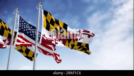 Bandiere del Maryland e degli Stati Uniti che sventolano al vento in una giornata limpida. Immagine patriottica e simbolica. rendering dell'illustrazione 3d. Messa a fuoco selettiva Foto Stock