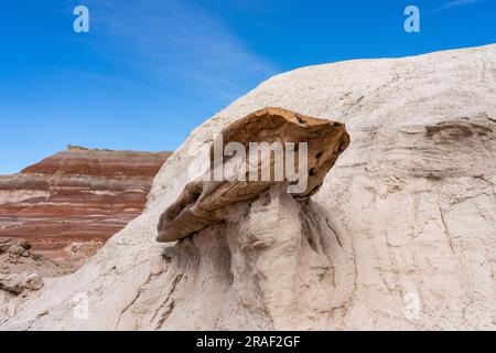 Un caprock di arenaria su un hoodoo di argilla nelle colline bentonite del deserto di Caineville vicino a Hanksville, Utah. Foto Stock