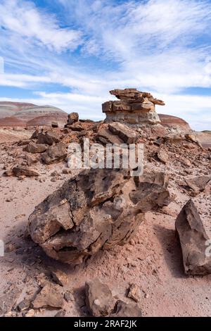 Massi di arenaria sulle colline argillose della formazione Morrison nel deserto di Caineville vicino Hanksville, Utah. Foto Stock