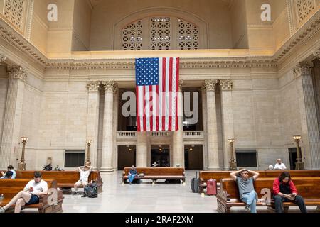 Amtrak Chicago Union Station Building all'interno della Great Hall, la stazione Amtrak di Chicago South Canal Street, West Loop. Foto Stock