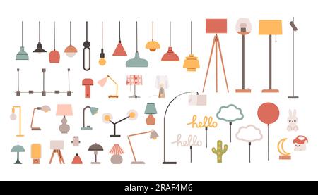 Set di lampade. Collezione Vector di lampada da tavolo plafoniera. Set di cartoni animati vettoriali. Illustrazione Vettoriale