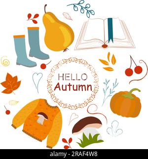 Set autunnale di elementi maglione, pera, stivali, zucca, funghi, foglie e decorazioni. Per biglietti d'auguri, sfondi, stampa, il tuo design speciale Illustrazione Vettoriale