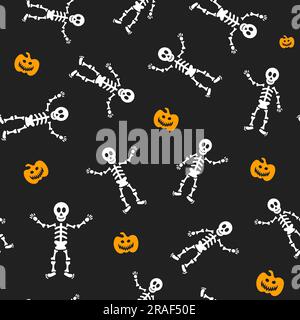Motivo vettoriale senza cuciture per il design Halloween. Simboli di Halloween: Scheletro, zucca in stile cartone animato. Illustrazione vettoriale Illustrazione Vettoriale