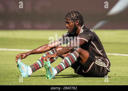 L’attaccante giamaicano Shamar Nicholson (11) durante una partita di Gold Cup contro Saint Kitts e Nevis, domenica 2 luglio 2023, allo stadio Levi, A Santa Clara, Foto Stock