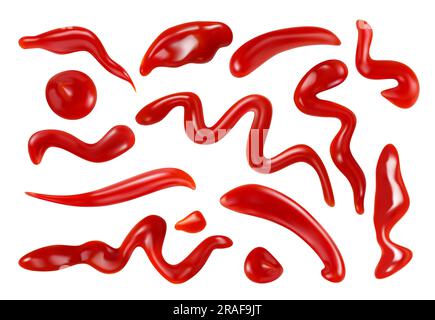 Gocce realistiche di ketchup di pomodoro, versamenti e schizzi, macchie, sbavature e schizzi. Set isolato di spatole e strisci di salsa rossa vettoriale 3D. Blobi di condimento e spezie, pasta di pesce di verdure acide Illustrazione Vettoriale