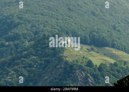 L'antico castello di Morcote, Svizzera, affacciato sul Lago di Lugano, completamente immerso nel verde Foto Stock