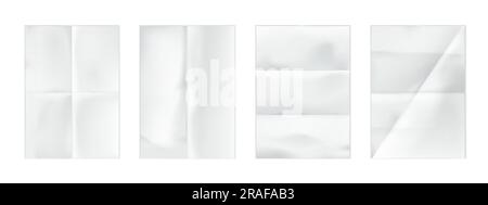 Fogli di carta bianchi piegati con pieghe incrociate, vecchi fogli di carta con sfondo a lettera vuota che attraversano la vista superiore. Set vettoriale di pagine realistiche con texture increspata per scrapbooking, collage o scrittura Illustrazione Vettoriale