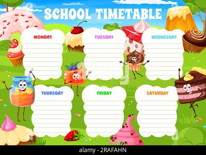 Programma del cartoni animati divertenti dessert, dolci e personaggi della torta sul prato verde. Modello vettoriale della tabella del tempo scolastica con cupcake, barattolo di miele, budino di gelatina e muffin con cheesecake Illustrazione Vettoriale