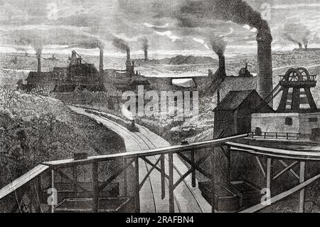 Vista generale della città industriale di Borinage, provincia di Hainaut. Belgio, Europa. Viaggio in Belgio con Camille Lemonnier. Incisione del vecchio XIX secolo da le Tour du Monde 1906 Foto Stock