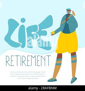 L'anziano felice, di carattere argentato, senior tiene il set di croquet in legno, martello e Bal. Illustrazione con scritta sulla DURATA del pensionamento. La Illustrazione Vettoriale