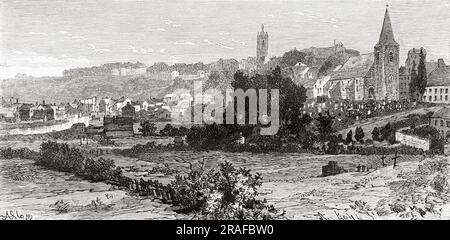 Vista panoramica generale della città belga di Thuin, provincia di Hainaut. Belgio, Europa. Viaggio in Belgio con Camille Lemonnier. Incisione del vecchio XIX secolo da le Tour du Monde 1906 Foto Stock