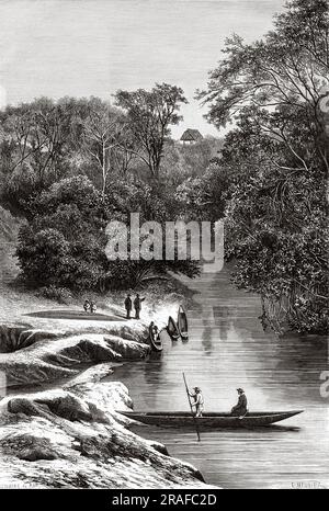 Porto di Chasuta nel fiume Huallaga. Perù, Sud America. Amazzonia e catene montuose di Charles Wiener Mahler, 1879-1882. Incisione del vecchio XIX secolo da le Tour du Monde 1906 Foto Stock