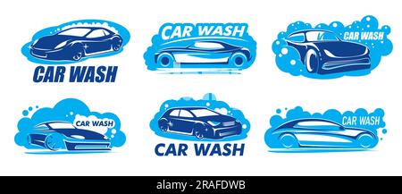 Icone di autolavaggio con auto vettoriali pulite, schiuma di sapone e bolle. Set di simboli blu isolati per il servizio di autolavaggio o autolavaggio, emblemi e badge per la pulizia dei veicoli a motore Illustrazione Vettoriale