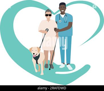 Infermiere professionista medico afroamericano assiste e e aiuta donna attiva che è Un paziente cieco disabili a camminare Illustrazione Vettoriale