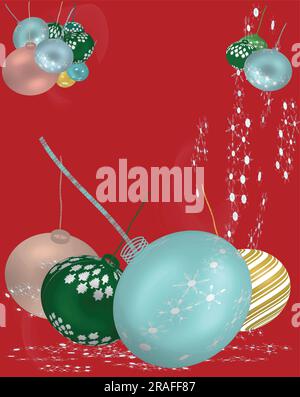 Pallone di Natale. Colorato gruppo bauble di Natale in 3D. Sfondo rosso con bordo a fiocchi di neve. Decorazioni per le vacanze invernali. Illustrazione vettoriale. Illustrazione Vettoriale