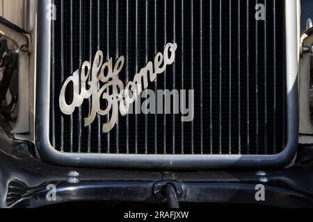 Logo Alfa Romeo sulla griglia del radiatore dell'Alfa Romeo 8C 2300 del 1934 Foto Stock