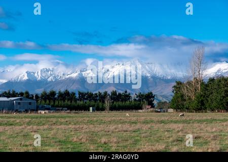 Fotografia dei paddock agricoli e vista sulle montagne durante il viaggio da te Anau a Fiordland a Manapouri, sull'Isola del Sud della nuova Zelanda Foto Stock