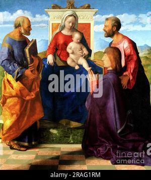 Madonna col bambino in trono con Pietro e Paolo e un donatore Foto Stock