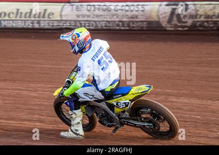 George Sturgess (55) in azione durante le Flat Track Demonstration Races durante il match Sports Insure Premiership tra Belle Vue Aces e Wolverhampton Wolves al National Speedway Stadium di Manchester lunedì 3 luglio 2023. (Foto: Ian Charles | mi News Credit: MI News & Sport /Alamy Live News Foto Stock