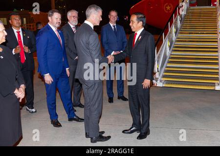 Sydney, Australia, 3 luglio 2023. Joko Widodo, presidente dell'Indonesia, arriva all'aeroporto di Sydney (Kingsford Smith) prima dei suoi due giorni in Australia. Credito: Robert Wallace / Wallace Media Network / Alamy Live News Foto Stock