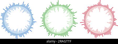 Raccolta di onde sonore radiali. Set di barre equalizzatrici musicali rotonde. Pacchetto cartografico audio blu, rosso e verde. Simbolo di segnale vocale e radio circolare astratto per podcast, app, lettore. Fascio di elementi vettoriali Illustrazione Vettoriale