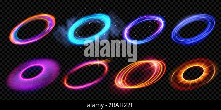 Effetto flare vettore luminoso ad anello al neon astratto isolato su sfondo trasparente. Illustrazione del bordo rosa scintillante rotondo. Splendida linea viola brillante e radiosa con sfera fumosa e volant. Illustrazione Vettoriale