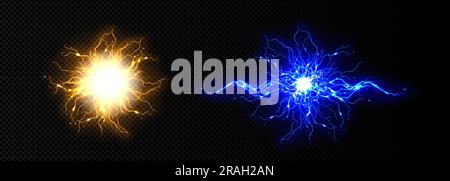 Set realistico di fulmini isolati su sfondo trasparente. Illustrazione vettoriale di sfere di energia elettrica blu e gialle, scintille di impatto thunderbolt, scarica di energia da temporale Illustrazione Vettoriale