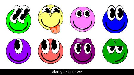 Set di cartoni animati di Groovy simpatici personaggi sorridenti, vintage. Adesivi fumetti per emoticon vivaci e originali Illustrazione Vettoriale