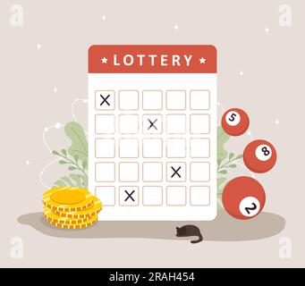 Biglietto della lotteria con monete d'oro e palle. Gioco d'azzardo. Concetto di hobby e tempo libero. Illustrazione vettoriale in stile cartone animato piatto Illustrazione Vettoriale