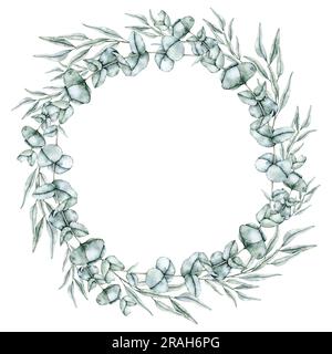 Corona di rami di foglie di eucalipto smeraldo. Vegetazione vegetale, cornice botanica Olive. Illustrazione ad acquerello disegnata a mano per biglietti di auguri, matrimoni Foto Stock