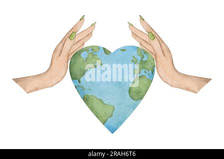 Pianeta Terra in mano alle donne. Simbolo di vita, natura, fondazione, ecologia, eventi internazionali. Forma di cuore. Illustrazione a mano dell'acquerello Foto Stock