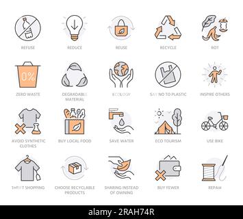 Set di icone a linea piatta per lo stile di vita zero rifiuti. Rifiutare, ridurre, riutilizzare, riciclare, lasciare il cerchio, risparmio di acqua, pianeta, illustrazione del vettore del turismo ecologico. Profilo Illustrazione Vettoriale