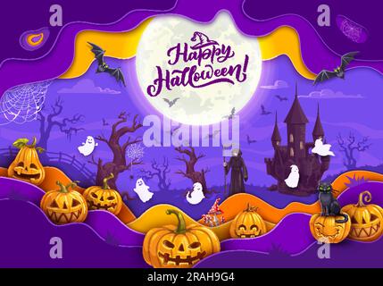 Striscione tagliato di carta per Halloween. Pumpkin Jack o lanterne sorridenti, fantasmi cimiteriali e scheletro della morte, personaggi dei cartoni animati di gatti neri, castello e pipistrelli su sfondo vettoriale di carta di Halloween felice Illustrazione Vettoriale