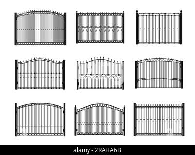 Cancelli in ferro, recinzioni metalliche e porte in acciaio battuto, bordi d'ingresso vettoriali. Vecchi cancelli decorati con architettura del parco giardino con struttura a binario forgiato, recinzione metallica con reticolo, porta con barre a spike Illustrazione Vettoriale