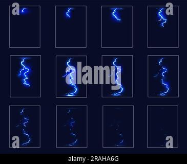 Effetto animazione sprite fulmini dei cartoni animati, interfaccia utente del gioco Vector fx. Fogli sprite Thunder Storm e thunderbolt con fulmini blu o sequenze di movimento animate lampeggianti. Fotogramma di animazione temporale Illustrazione Vettoriale