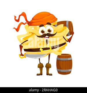 Cartone animato fettuccine il personaggio pirata della pasta italiana. Cucina italiana, pasta corsair, mascotte infantile, fettuccine corsateer o filibusto di pasta pirata, personaggio comico vettoriale isolato con botti di legno Illustrazione Vettoriale