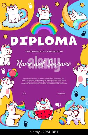 Diploma per bambini, cartoni animati, simpatici gatti di caticorno e personaggi dei gattini, certificato di istruzione vettoriale. Caticorno o unicorno gattino su arcobaleno con gelato e palloncino al diploma di laboratorio scolastico o dell'asilo Illustrazione Vettoriale