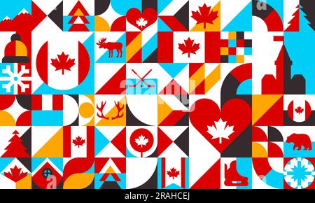 Forme Canada geometriche astratte, motivo bauhaus. Sfondo vettore di viaggio canadese. Collage moderno di quadrati, cerchi e triangoli, bandiera a foglia d'acero, parlamento di Ottawa, hockey, orso e alce Illustrazione Vettoriale