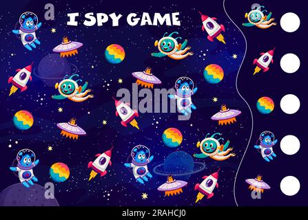 Foglio di lavoro del gioco di spionaggio. Alieni dei cartoni animati e ufo nello spazio. Enigma matematica vettoriale bambini. Conta quanti piattini, alieni, pianeti e razzi i bambini testano. Attività educativa per lo sviluppo della mente del bambino Illustrazione Vettoriale