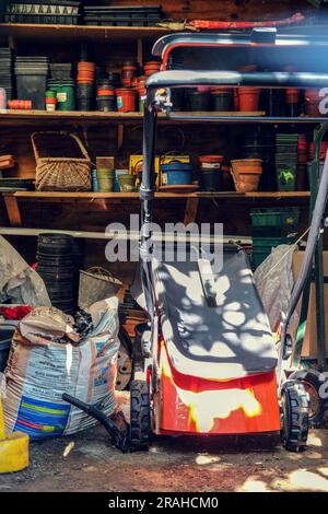 Interno o un capanno da giardino con vasi per piante, attrezzi e un rasaerba con luce solare che entra attraverso una finestra. Foto Stock