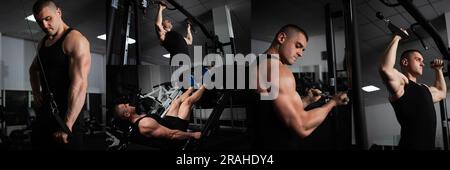 Collage sportivo, banner, set di foto. Allenamento sportivo in palestra. uomo attraente con macchine per esercizi Foto Stock