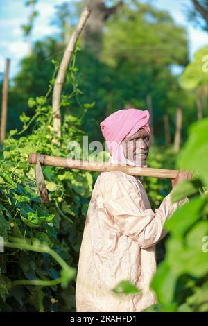 Agricoltura indiana agricoltore felice che tiene salvadanaio in azienda, agricoltore povero, risparmio contadino, esposizione contadina Foto Stock