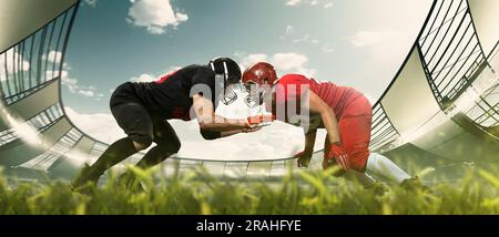 Inizio della partita. Due uomini, giocatori di football americano in uniforme e casco in piedi, testa a testa allo stadio 3D nelle calde giornate di sole Foto Stock