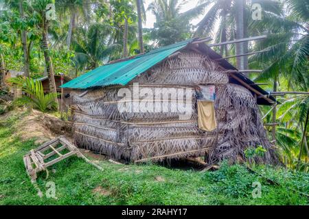 Una casa con tetto in paglia con tetto in metallo ondulato costruita sul bordo di una collina nella provincia rurale di Mindoro Orientale, Filippine, una slitta di bufali d'acqua in legno. Foto Stock